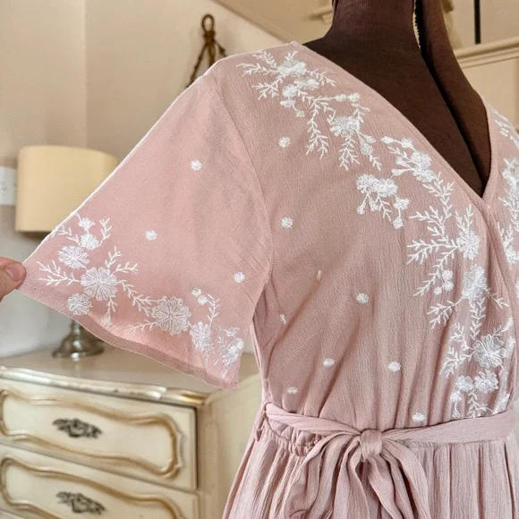 BOHME Size Small Dusty Pink Embroidered Feminine Tiered Ruffle Maxi Dress Spring - Picture 3 of 11